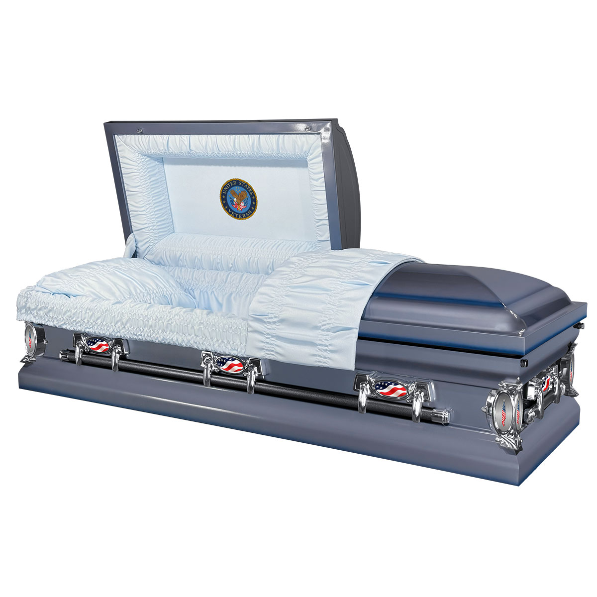 Light blue casket with metallic blue 3-point shading. Light blue interior with "United States Veteran" embroidered patch of a bald eagle clutching two U.S. flags. Silver swing bar hardware features decals with waving American flag and flag at rest.